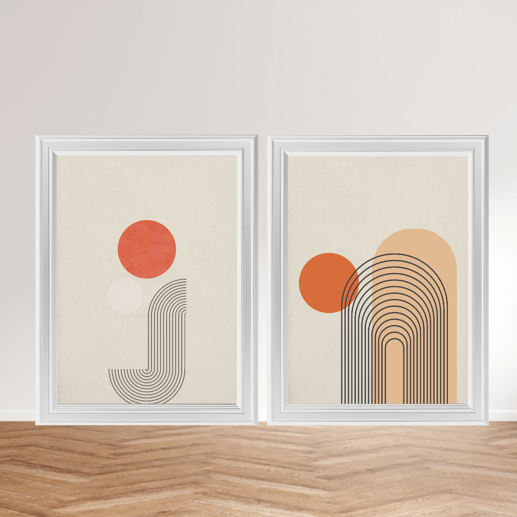 Japandi Wandbilder A4 2er Set – Minimalistische Sonne & Geometrie Poster in modernen Rahmen.