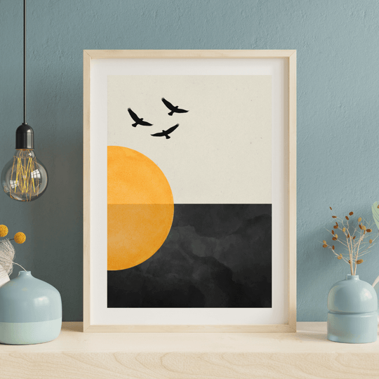 Zen Wandbild A4 – Sonne & Vögel Minimalistische Boho Kunst im skandinavischen Einrichtungsstil