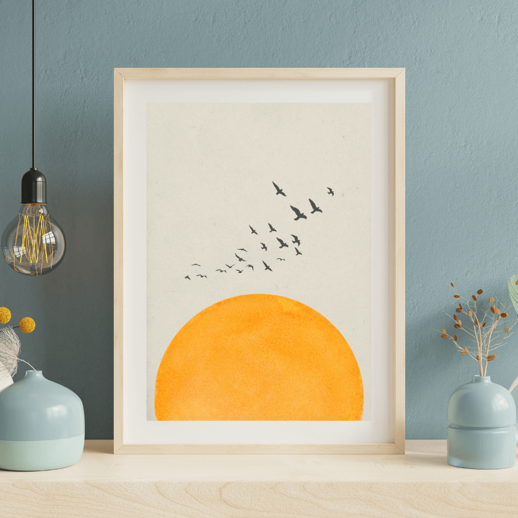 Minimal Art Kunstdruck „Sonnenaufgang & Vogelflug“ – A4, abstrahierte Darstellung von Sonne und Vögeln, modernes Design.
