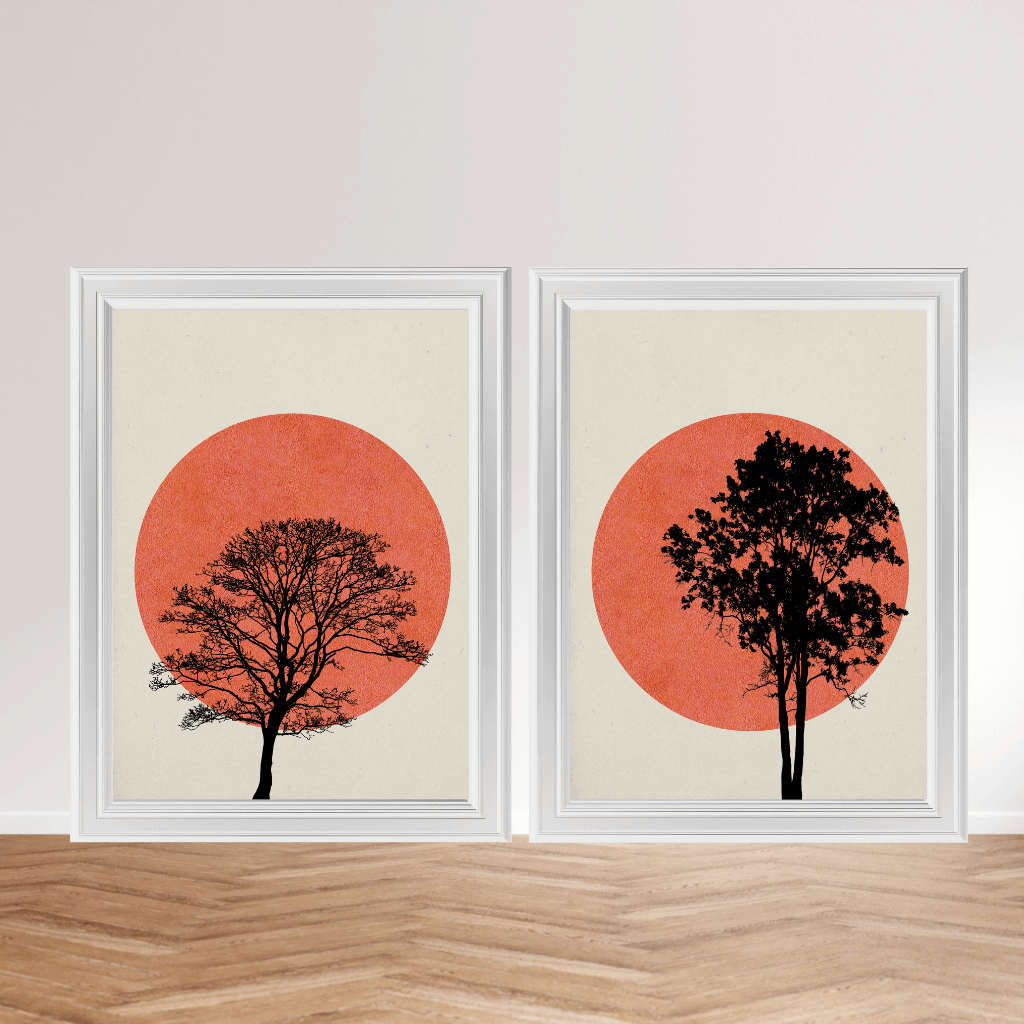 Minimal Art Kunstdruck 2er Set – Bäume & Sonne | Zen Natur Poster | Made in Germany, stilvolle Baum-Silhouetten mit Sonnenmotiven.