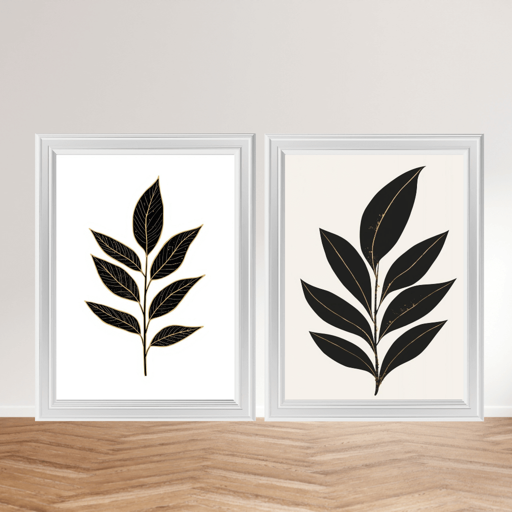 Minimalistische Kunstdrucke im Set – Botanische Wandbilder Schwarz Gold | Japandi Art Prints in modernen Rahmen