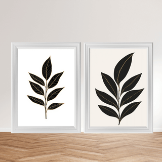 Minimalistische Kunstdrucke im Set – Botanische Wandbilder Schwarz Gold | Japandi Art Prints in modernen Rahmen