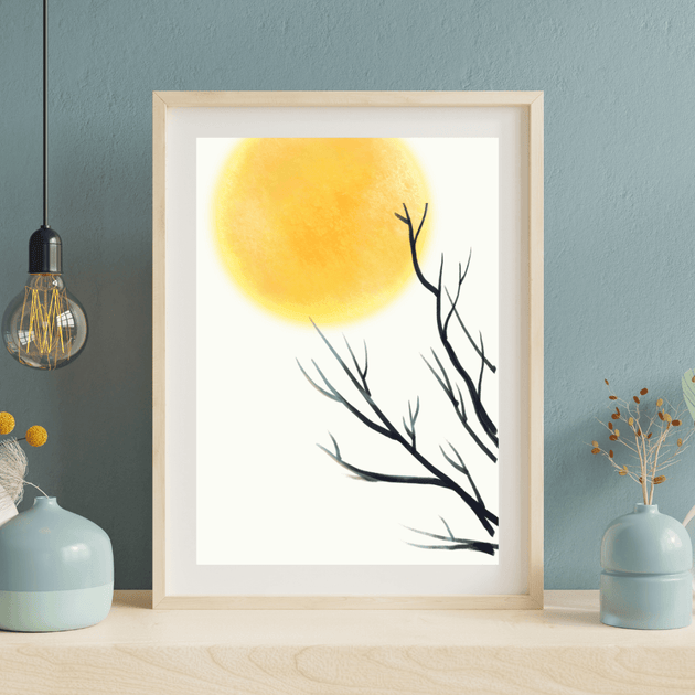 Minimalistischer Kunstdruck Mond  – Zen Natur Art Print mit Zweig | A4, warmer Mond mit dunklen Zweigen auf weißem Hintergrund.