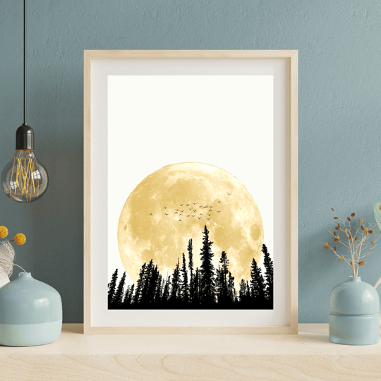 Minimalistischer Mond Kunstdruck – Wald Silhouette | Natur Art Print A4 mit Vollmond und Baum-Silhouette