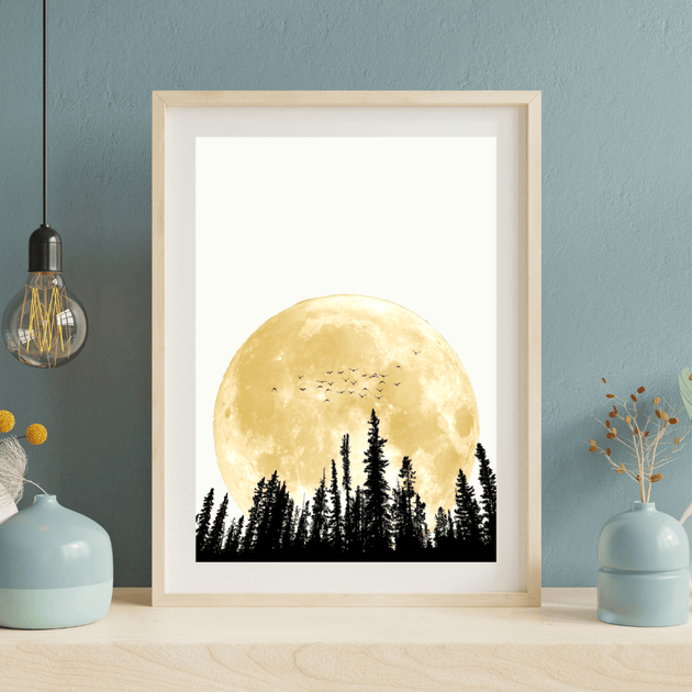 Minimalistischer Mond Kunstdruck – Wald Silhouette | Natur Art Print A4 mit Vollmond und Baum-Silhouette