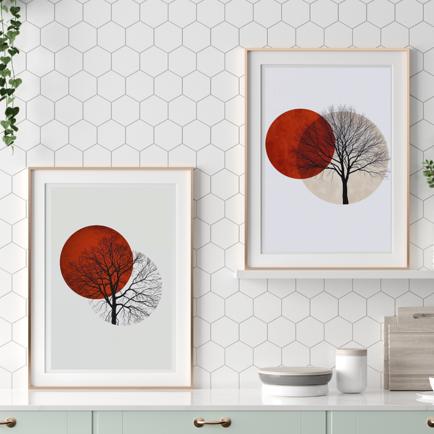 Boho Natur Wandbilder – Baum Sonne 2er Set A4