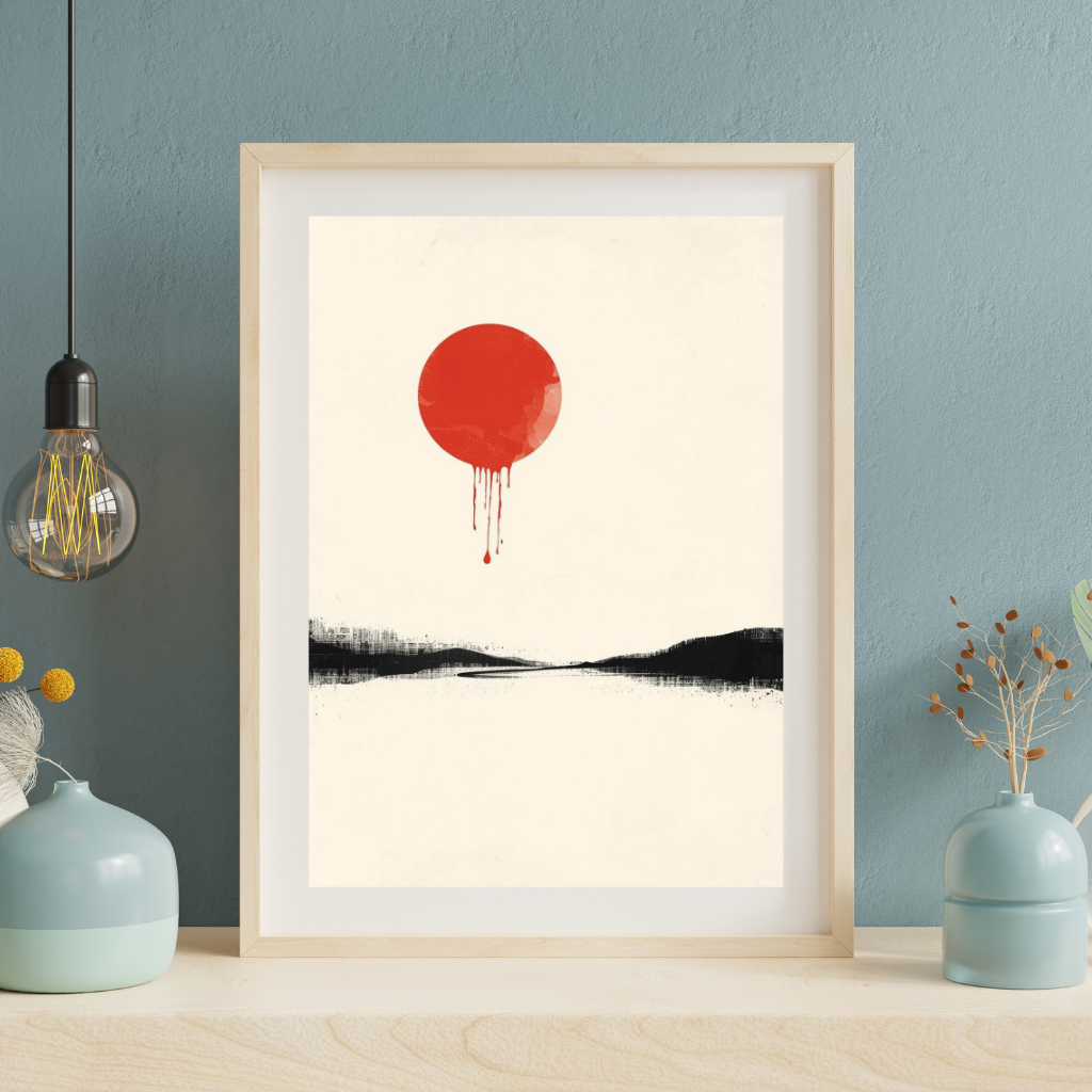 Minimalistisches Zen Poster A4 | Moderner Kunstdruck Red Sun im minimalistischen Rahmen mit roter Sonne.
