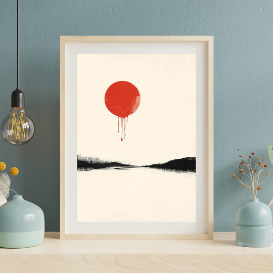 Minimalistisches Zen Poster A4 | Moderner Kunstdruck Red Sun im minimalistischen Rahmen mit roter Sonne.