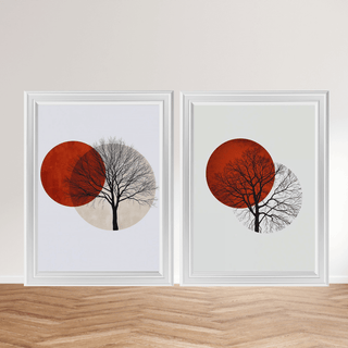 Boho Natur Wandbilder – Baum Sonne 2er Set A4 in warmen Tönen mit Baum-Silhouetten und geometrischen Formen