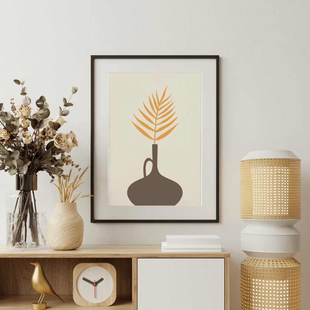 Minimalistische Wandbilder A4 3er Set – Boho Poster Beige | Made in Germany – Vase mit Blattmotiv, zeitloses Design.