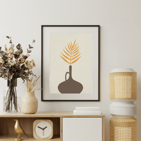 Minimalistische Wandbilder A4 3er Set – Boho Poster Beige | Made in Germany – Vase mit Blattmotiv, zeitloses Design.