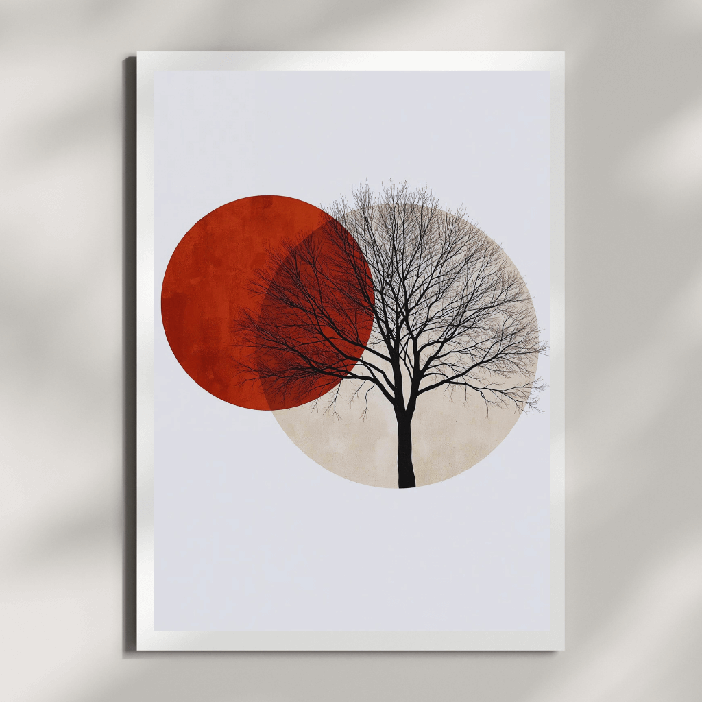 Boho Natur Wandbilder – Baum Sonne 2er Set A4 - Minimalistische Baum-Silhouette vor geometrischen Formen in warmen Tönen.