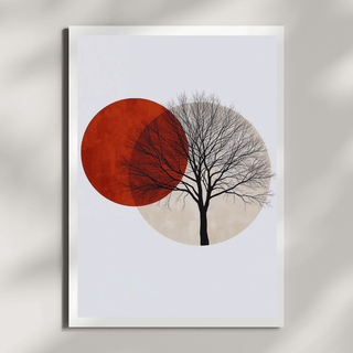 Boho Natur Wandbilder – Baum Sonne 2er Set A4 - Minimalistische Baum-Silhouette vor geometrischen Formen in warmen Tönen.