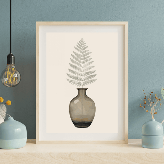 Boho Farn in Vase Poster A4 – Botanisches Natur Wandbild Beige Grün im modernen Rahmen