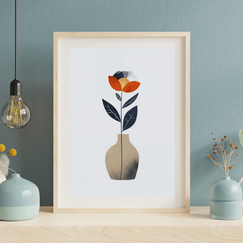 Boho Blumen Kunstdruck mit Vase – Modernes Floral Wandbild A4 in warmen Naturtönen für stilvolle Wohnräume.