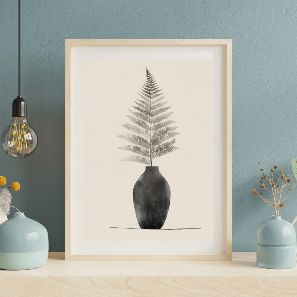 Boho Farn Poster A4 – Minimalistisches Wandbild in Vase mit elegantem Farn und stilvollem Design.