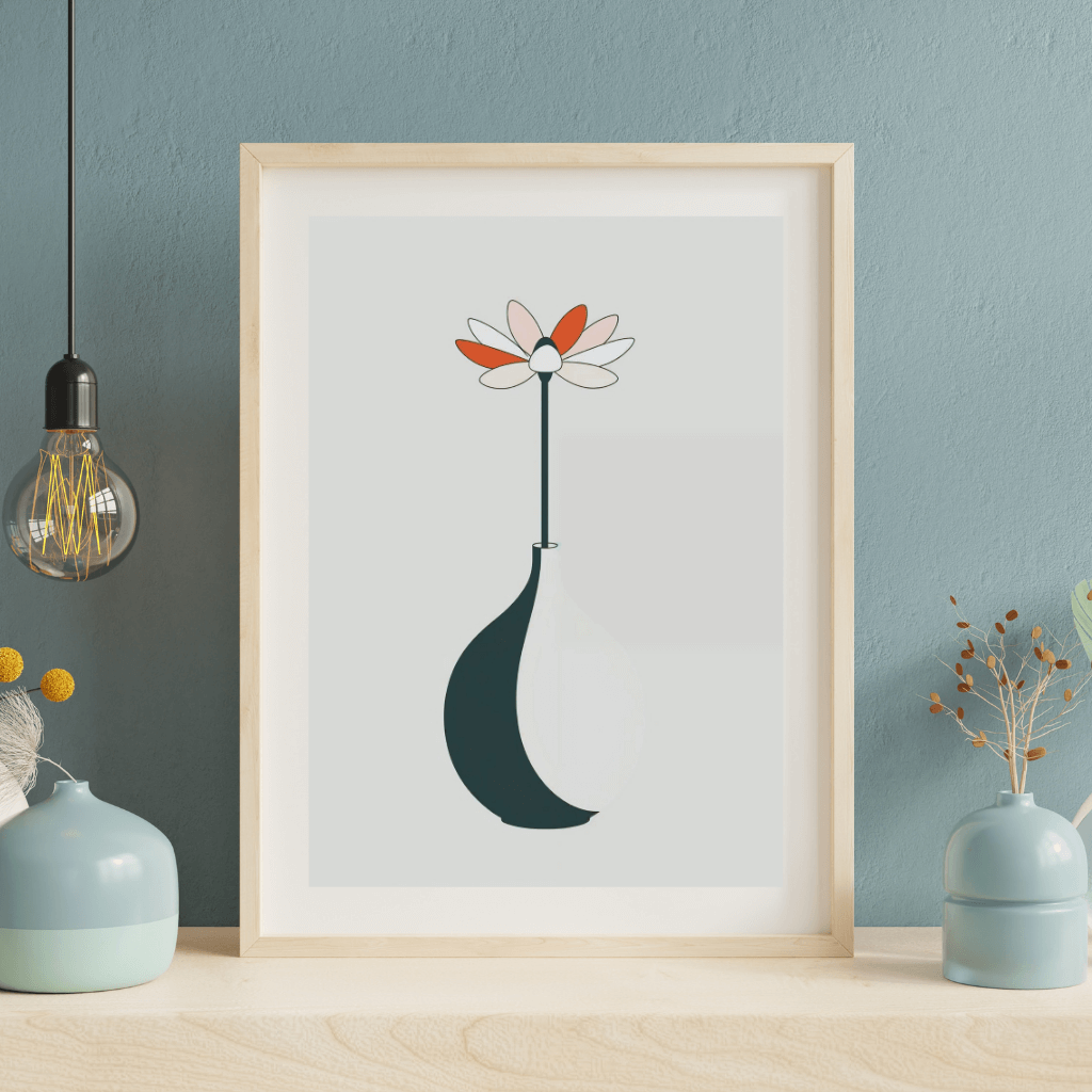 Minimalistisches Wandbild in A4 Boho Kunstdruck Vase & Blume in stilvollem Rahmen.