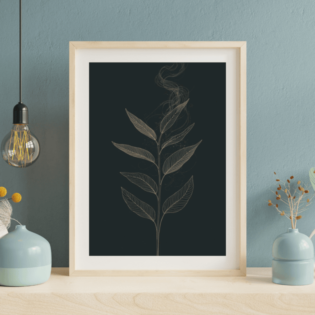 Boho Pflanzen Wandbild A4 – Gold Botanical Poster Dunkelblau im eleganten Rahmen auf dunkelblauer Wand