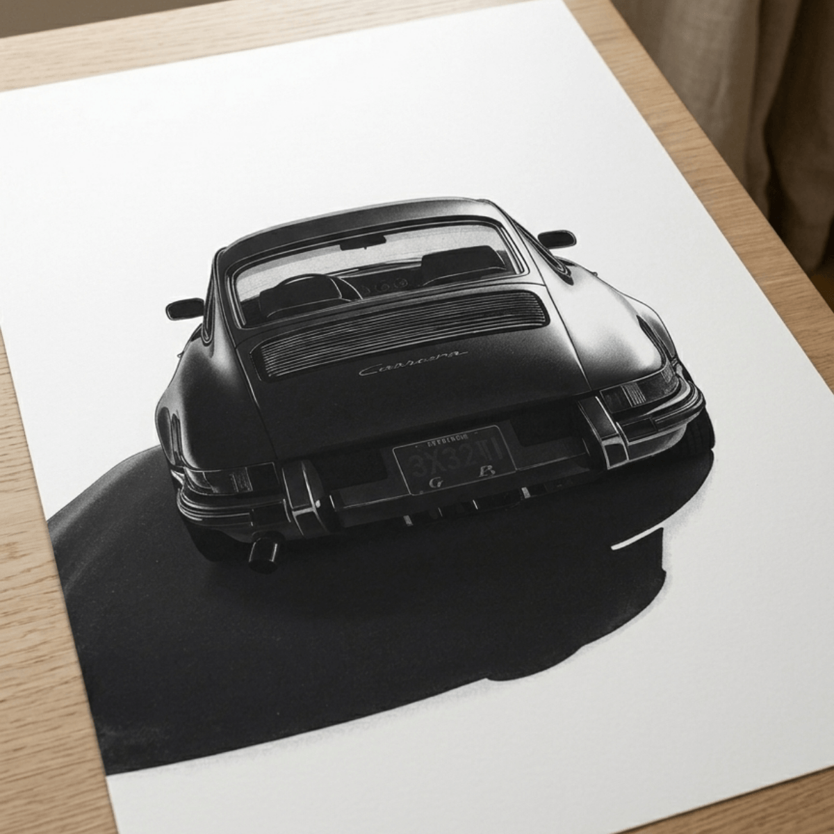 Porsche 911 G-Modell Heckansicht Kunstdruck in Schwarz-Weiß auf hochwertigem Papier, minimalistisches Design.