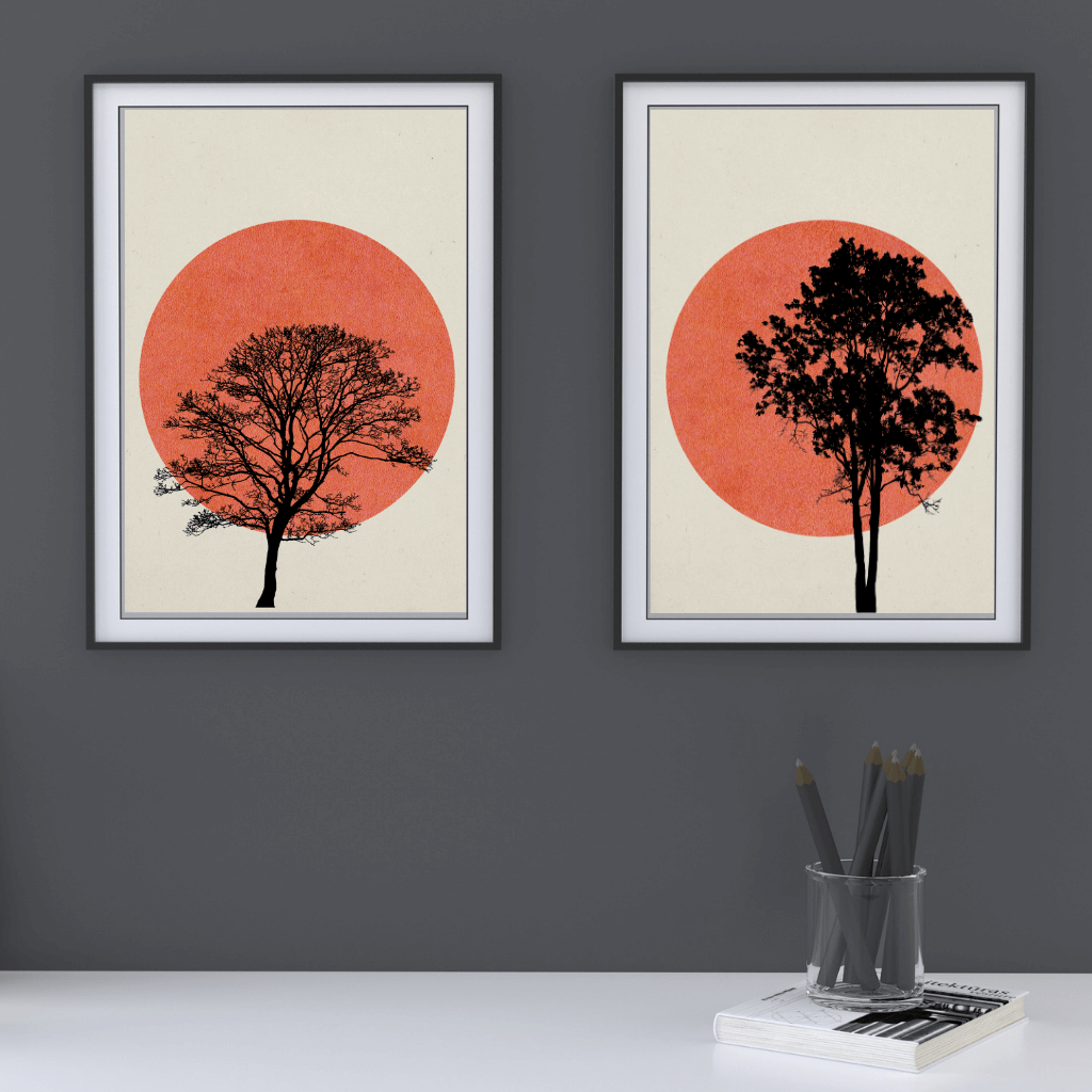 Minimal Art Kunstdruck: 2er Set mit Baum-Silhouetten und Sonnenmotiven für moderne Wohnräume.