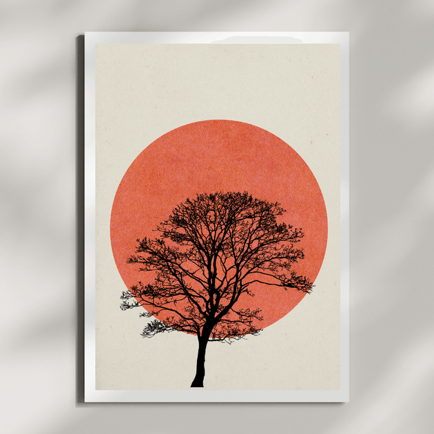 Natur Wandbild Zen A4 minimalistische Baum-Silhouette vor roter Sonne, harmonisches Design für ruhige Räume.