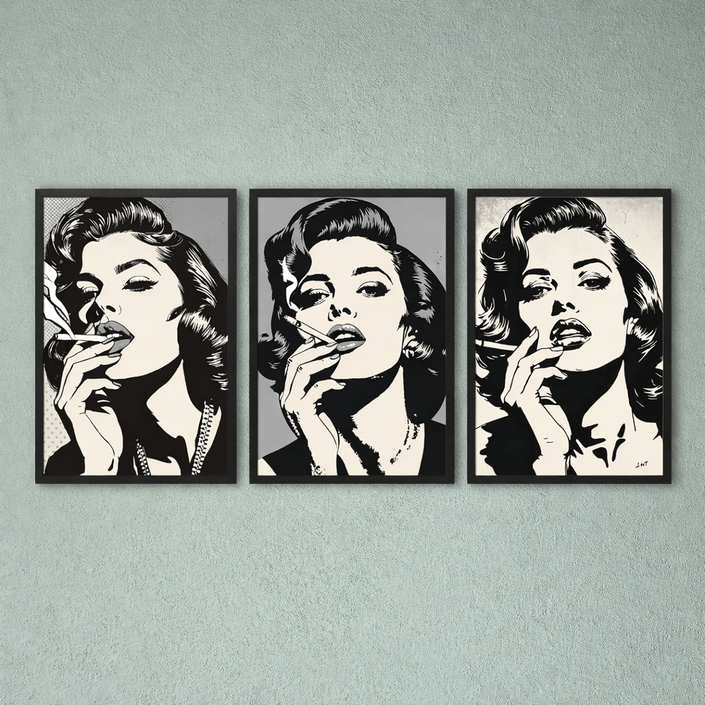 Pop Art Poster Set A4 (3er) – Minimalistische Vintage Kunstdrucke Schwarz Weiß, drei stilvolle Frauenportraits.