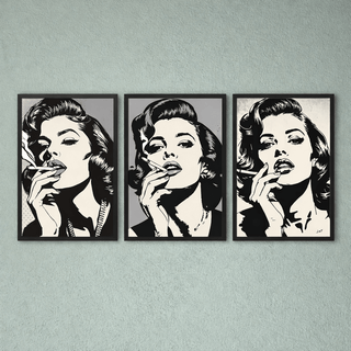 Pop Art Poster Set A4 (3er) – Minimalistische Vintage Kunstdrucke Schwarz Weiß, drei stilvolle Frauenportraits.
