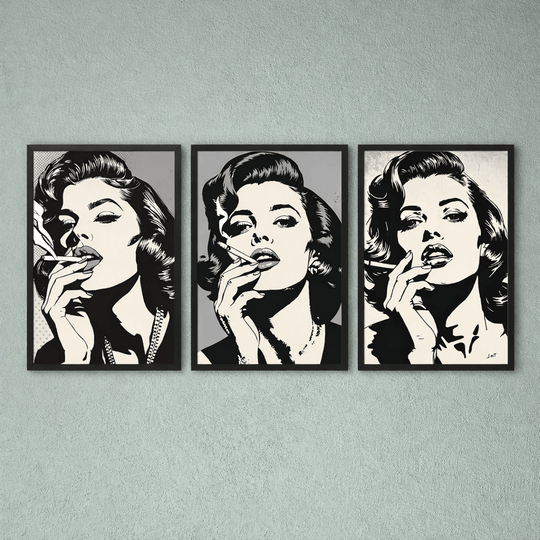 Pop Art Poster Set A4 (3er) – Minimalistische Vintage Kunstdrucke Schwarz Weiß, drei stilvolle Frauenportraits.