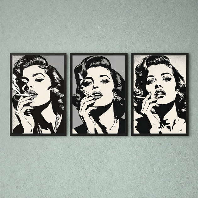 Pop Art Poster Set A4 (3er) – Minimalistische Vintage Kunstdrucke Schwarz Weiß, drei stilvolle Frauenportraits.
