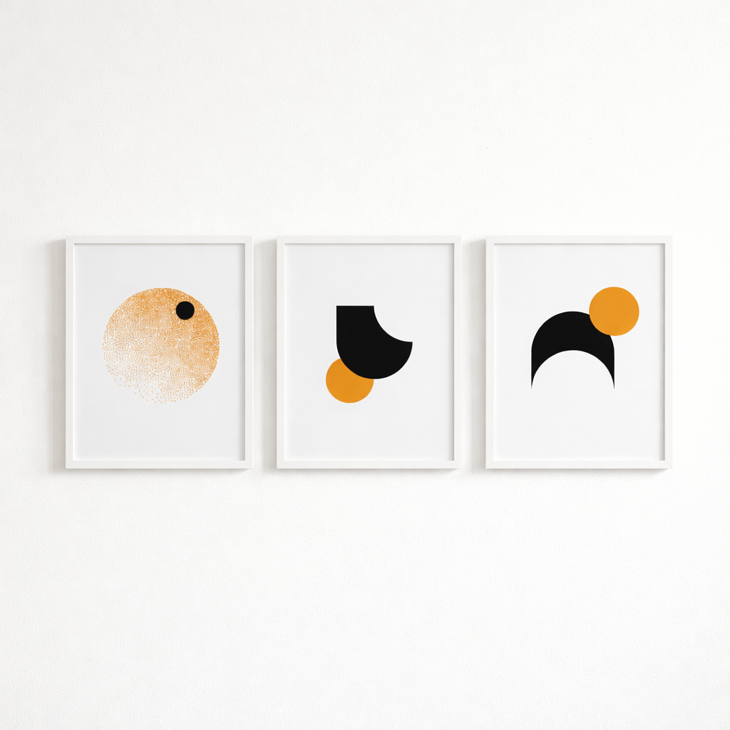 Minimal Art Poster Set – Abstrakte Kunstdrucke in gold, schwarz und orange, modernes Design für Zuhause