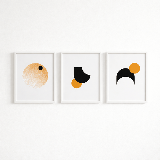 Minimal Art Poster Set – Abstrakte Kunstdrucke in gold, schwarz und orange, modernes Design für Zuhause