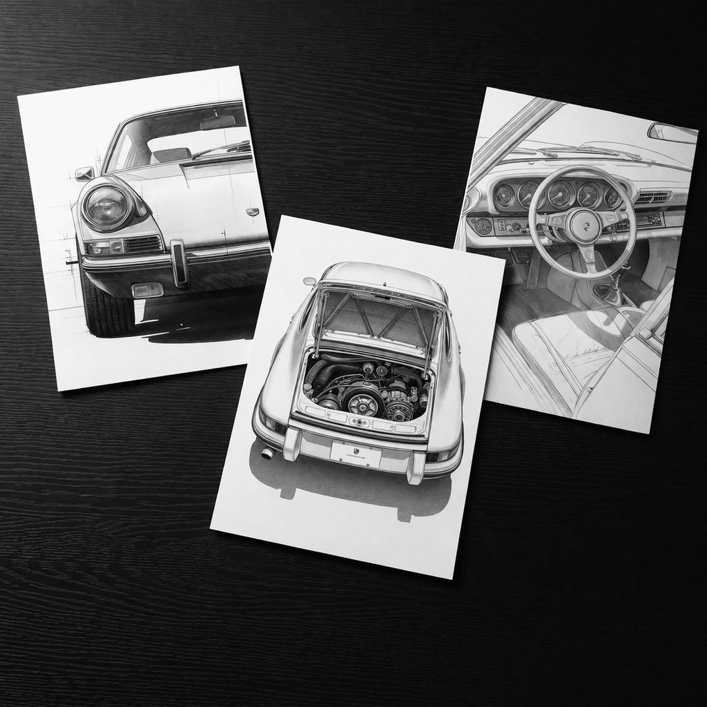Porsche 911 G-Modell Kunstdruck 3er-Set – Premium Poster-Kollektion A4 mit verschiedenen Ansichten des Fahrzeugs.