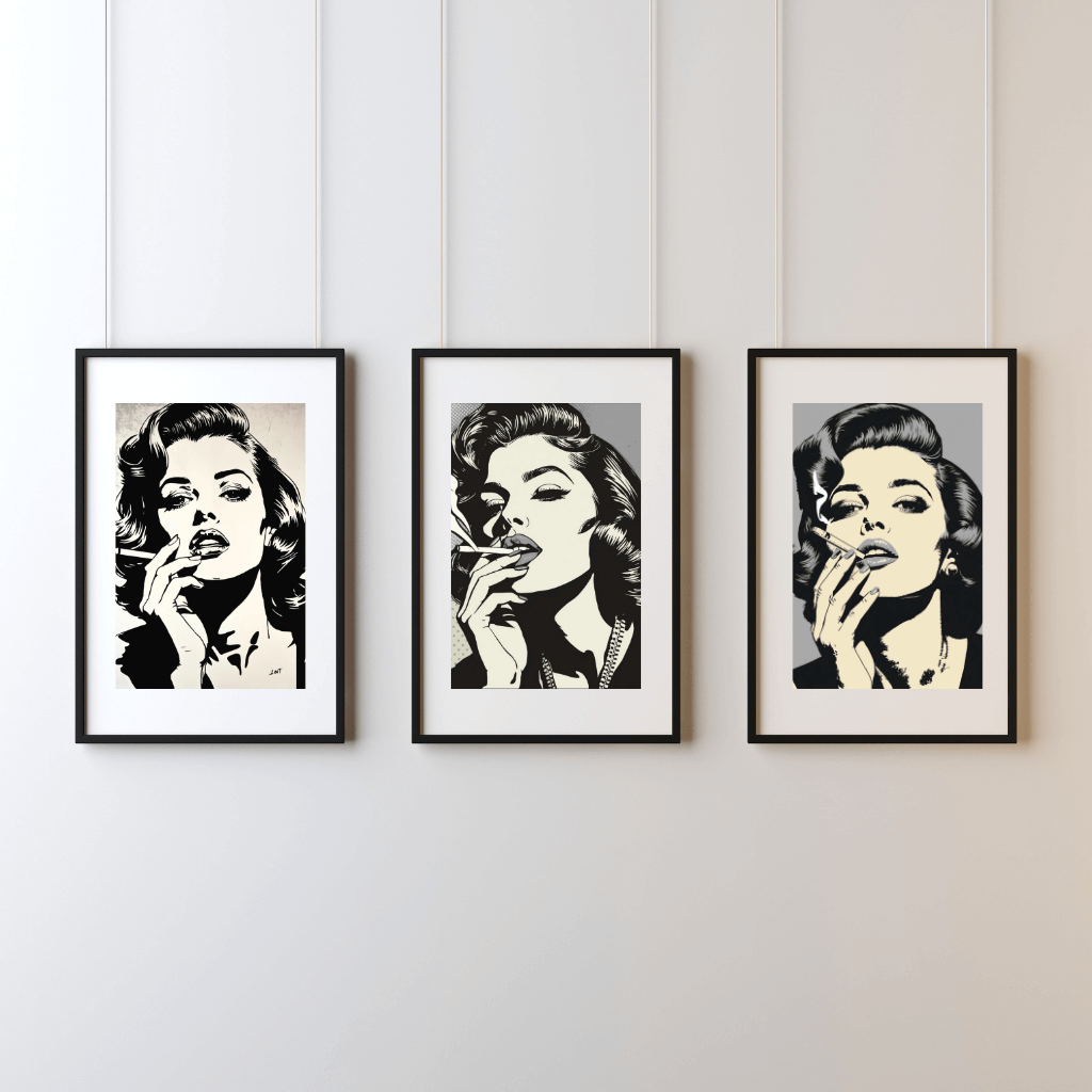 Pop Art Poster Set A4 (3er) – Minimalistische Vintage Kunstdrucke Schwarz Weiß in eleganten Rahmen.