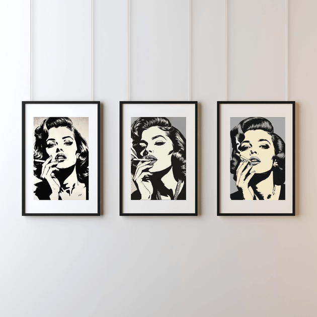Pop Art Poster Set A4 (3er) – Minimalistische Vintage Kunstdrucke Schwarz Weiß in eleganten Rahmen.