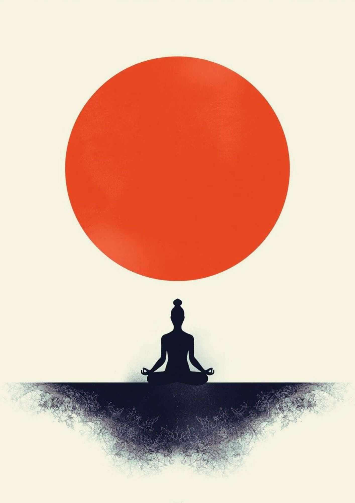 Minimalistischer Zen Art Print mit meditierender Silhouette unter roter Sonne.
