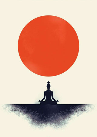Minimalistischer Zen Art Print mit meditierender Silhouette unter roter Sonne.
