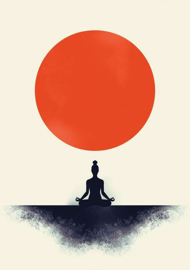 Minimalistischer Zen Art Print mit meditierender Silhouette unter roter Sonne.