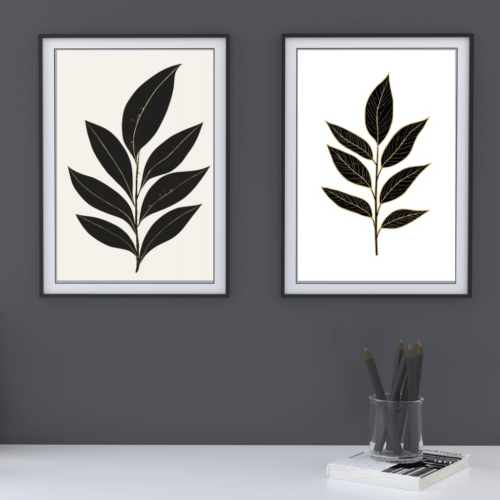 Minimalistische Kunstdrucke im Set – Botanische Wandbilder Schwarz Gold | Japandi Art Prints in elegantem Rahmen.