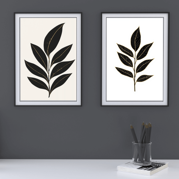 Minimalistische Kunstdrucke im Set – Botanische Wandbilder Schwarz Gold | Japandi Art Prints in elegantem Rahmen.
