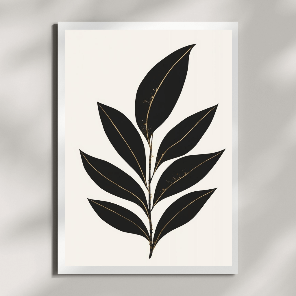 Minimalistische Kunstdrucke im Set – Botanische Wandbilder Schwarz Gold | Japandi Art Prints, schwarzes Blattmotiv auf hellem Hintergrund.