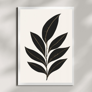 Minimalistische Kunstdrucke im Set – Botanische Wandbilder Schwarz Gold | Japandi Art Prints, schwarzes Blattmotiv auf hellem Hintergrund.