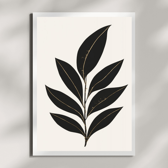 Minimalistische Kunstdrucke im Set – Botanische Wandbilder Schwarz Gold | Japandi Art Prints, schwarzes Blattmotiv auf hellem Hintergrund.