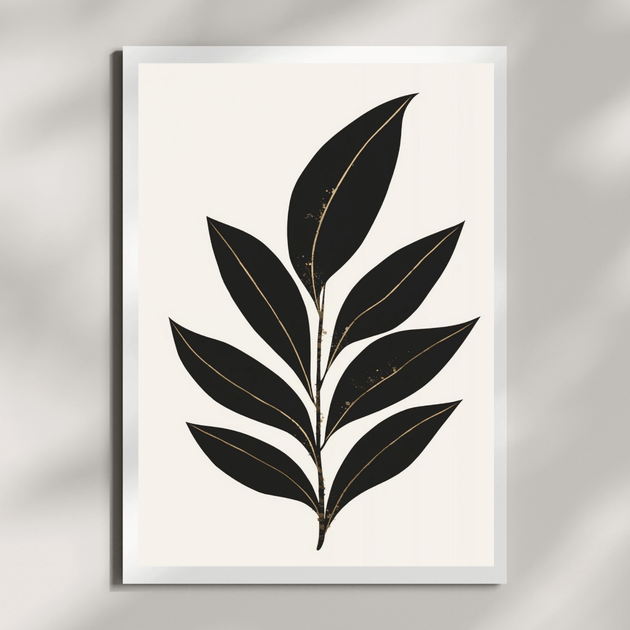 Minimalistische Kunstdrucke im Set – Botanische Wandbilder Schwarz Gold | Japandi Art Prints, schwarzes Blattmotiv auf hellem Hintergrund.