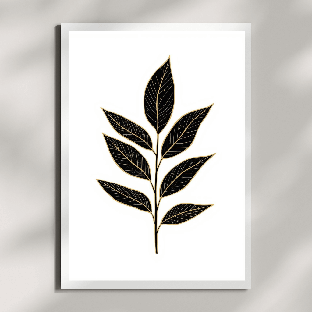 Minimalistische Kunstdrucke im Set – Botanische Wandbilder Schwarz Gold | Japandi Art Prints - stilvolles Blattmotiv in Schwarz und Gold.
