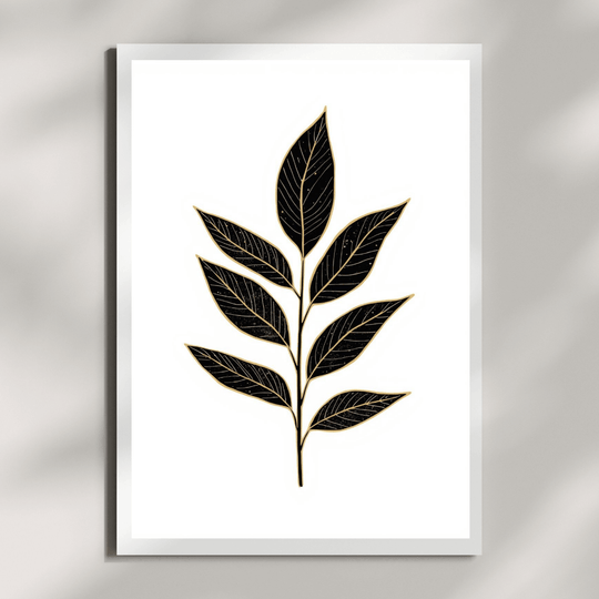 Minimalistische Kunstdrucke im Set – Botanische Wandbilder Schwarz Gold | Japandi Art Prints - stilvolles Blattmotiv in Schwarz und Gold.