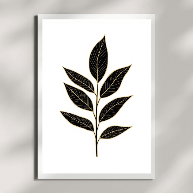 Minimalistische Kunstdrucke im Set – Botanische Wandbilder Schwarz Gold | Japandi Art Prints - stilvolles Blattmotiv in Schwarz und Gold.