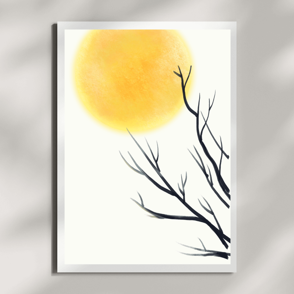 Minimalistischer Kunstdruck Mond  – Zen Natur Art Print mit Zweig | A4, warme Farben, minimalistische Wandkunst.