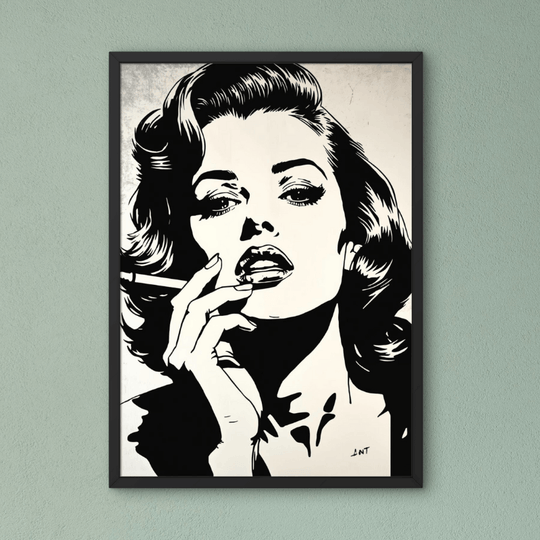 Pop Art Poster Set A4 (3er) – Minimalistische Vintage Kunstdrucke Schwarz Weiß – Frauenportrait mit Zigarette in Schwarz-Weiß.