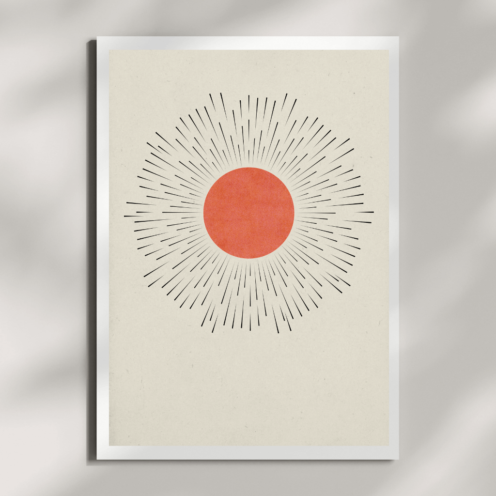 Minimalistisches Zen Wandbild mit stilisierter Sonne und Strahlen im Japandi-Stil, A4 Größe.