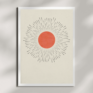 Minimalistisches Zen Wandbild mit stilisierter Sonne und Strahlen im Japandi-Stil, A4 Größe.